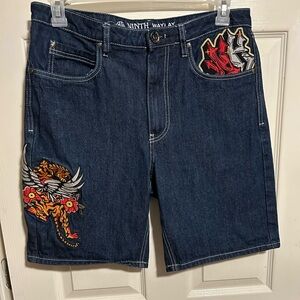 Men's Embroidered Denim Shorts - Navy Blue